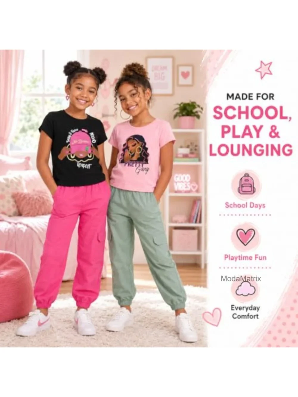 Girls 4 Pack Jogger Pants Set, Glitter and Foil Graphic Sweatpants, Soft Fleece